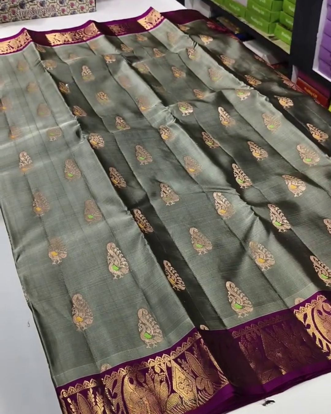 Ritisha - Sage Green Silk Blend Saree with Contrast Zari Border