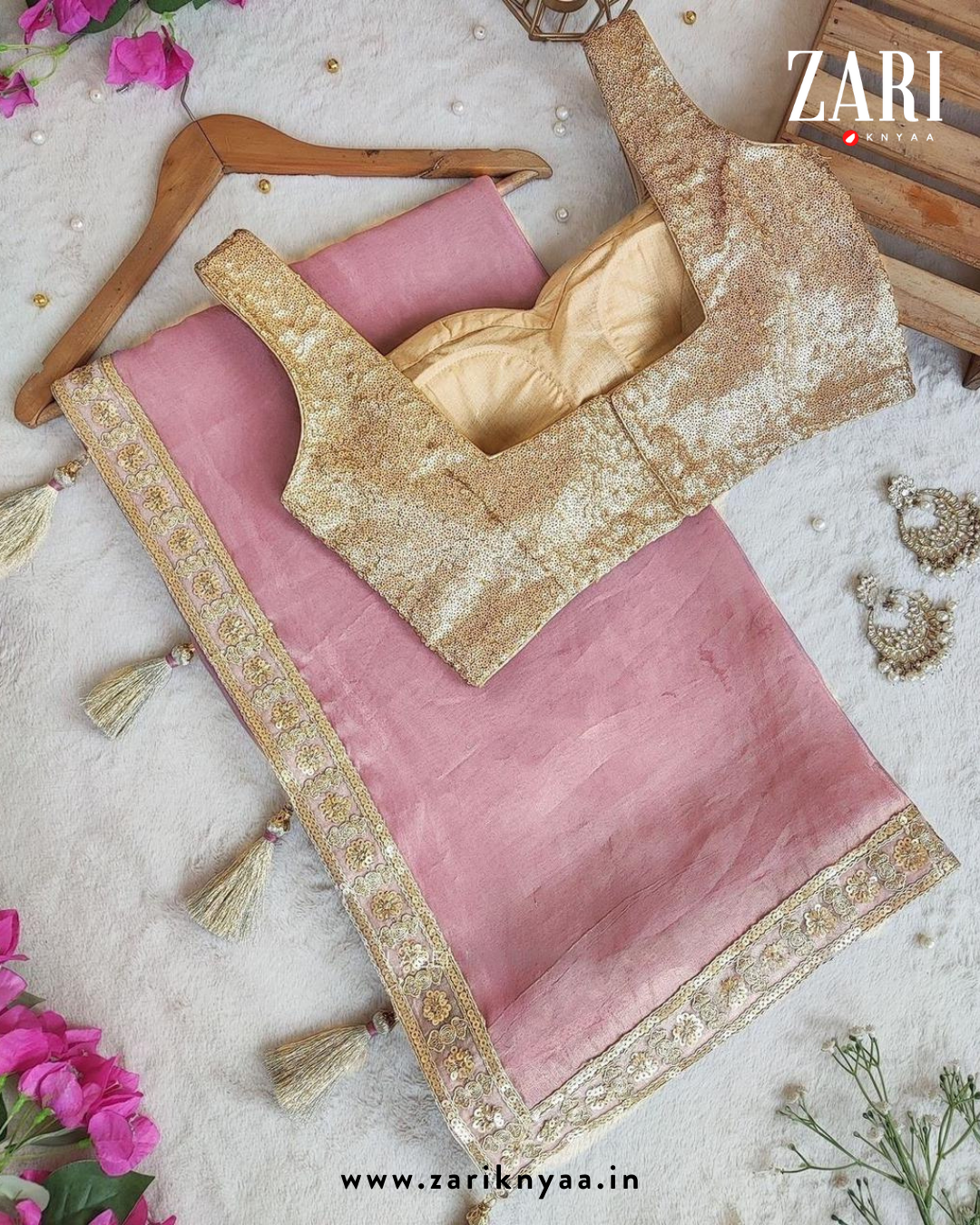 Goldie-Pink Soft Crush Gold With Sequence Lace White Attractive Sequance Stiched Blouse