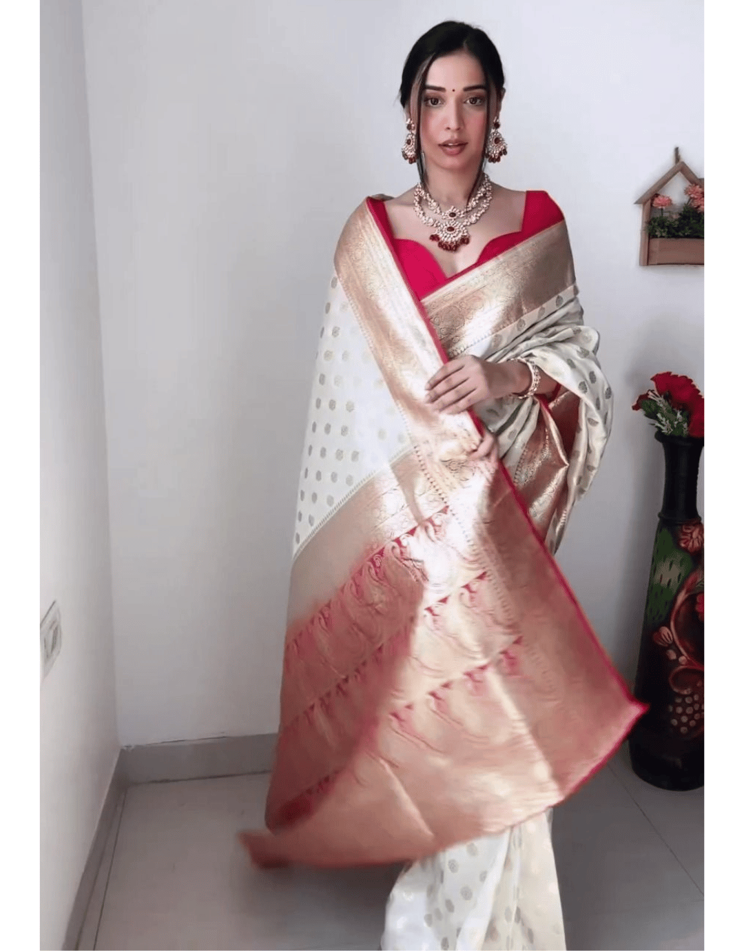 Rihana White Litchi Silk Ready to Wear Saree