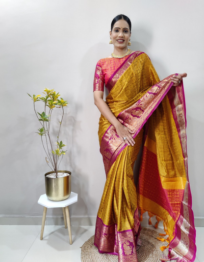 Ishika Musted Yellow-Purple Soft Silk Saree