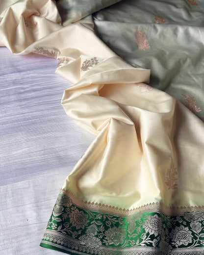 Zakhi - Emerald Green Ivory Floral Zari Saree