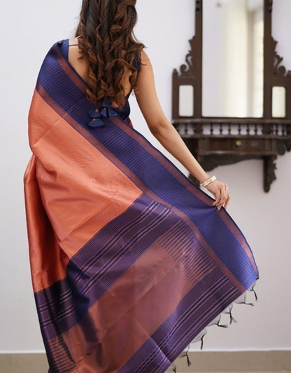 Nishu Dark Peach Kanchipuram Silk Saree With Attached Blouse