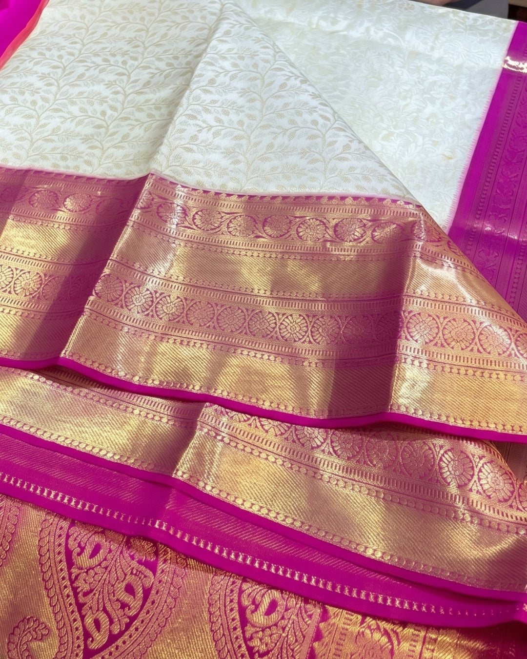 Aaradhya - Ivory Silk Saree With Pink Border