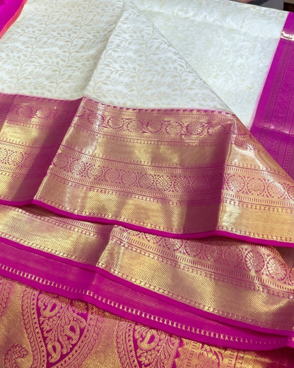 Aaradhya - Ivory Silk Saree With Pink Border