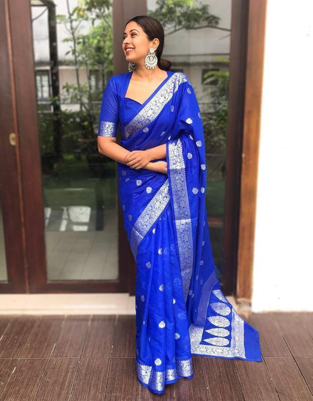 Durga Blue Kanchipuram Silk Saree With Attached Blouse