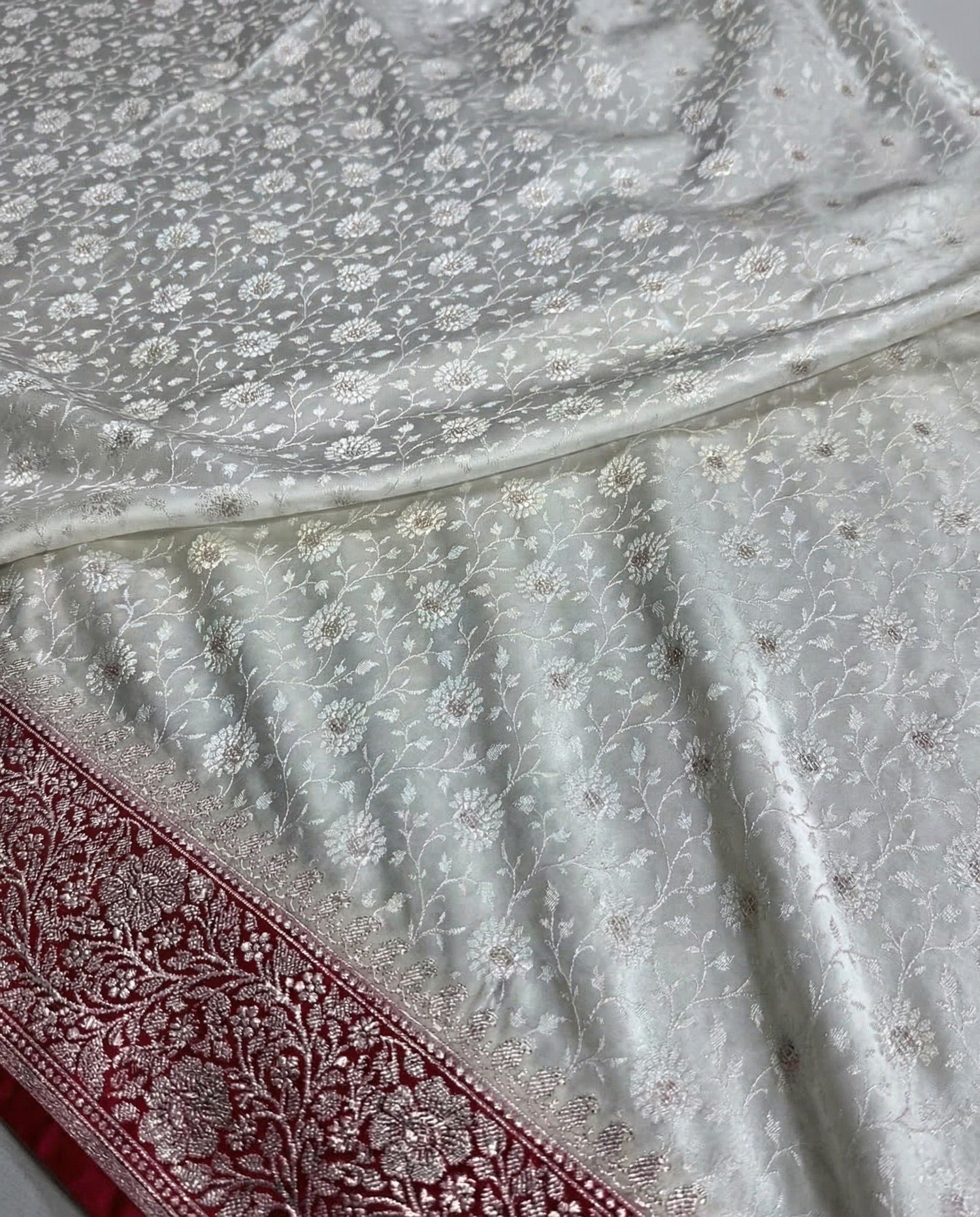 Sudhira - Ivory Banarasi Mashru Katan Silk Saree with Red Zari Border