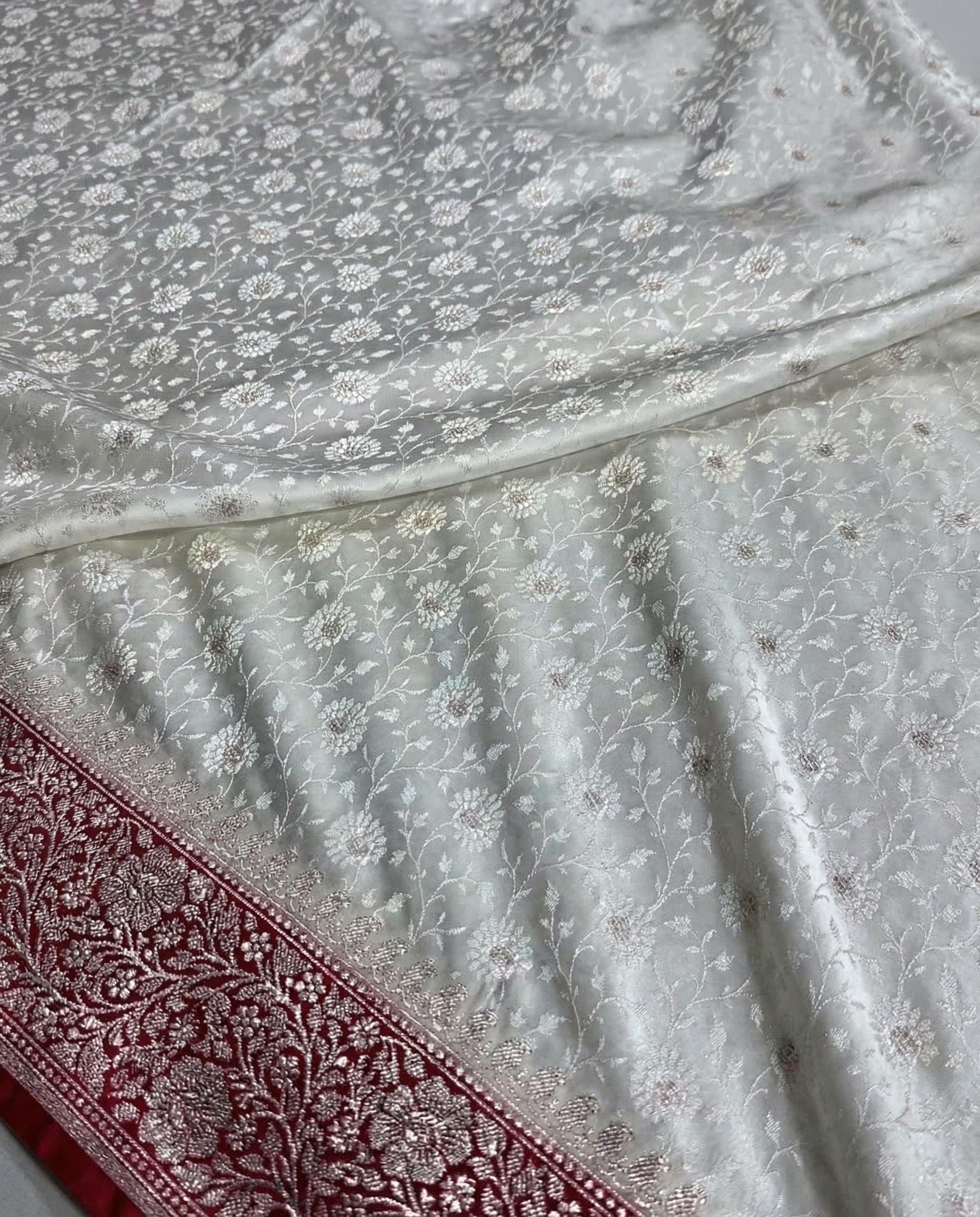 Sudhira - Ivory Banarasi Mashru Katan Silk Saree with Red Zari Border