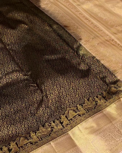 Qamra - Black Gold Banarasi Silk Saree with Zari Figurative Border