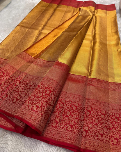 Saanvi - Golden Yellow Kanjivaram Saree with Red Border