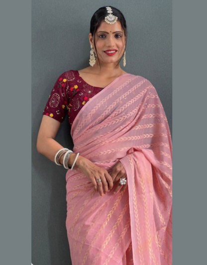 Lata Peach Georgette Silk Saree With Embroidery Blouse