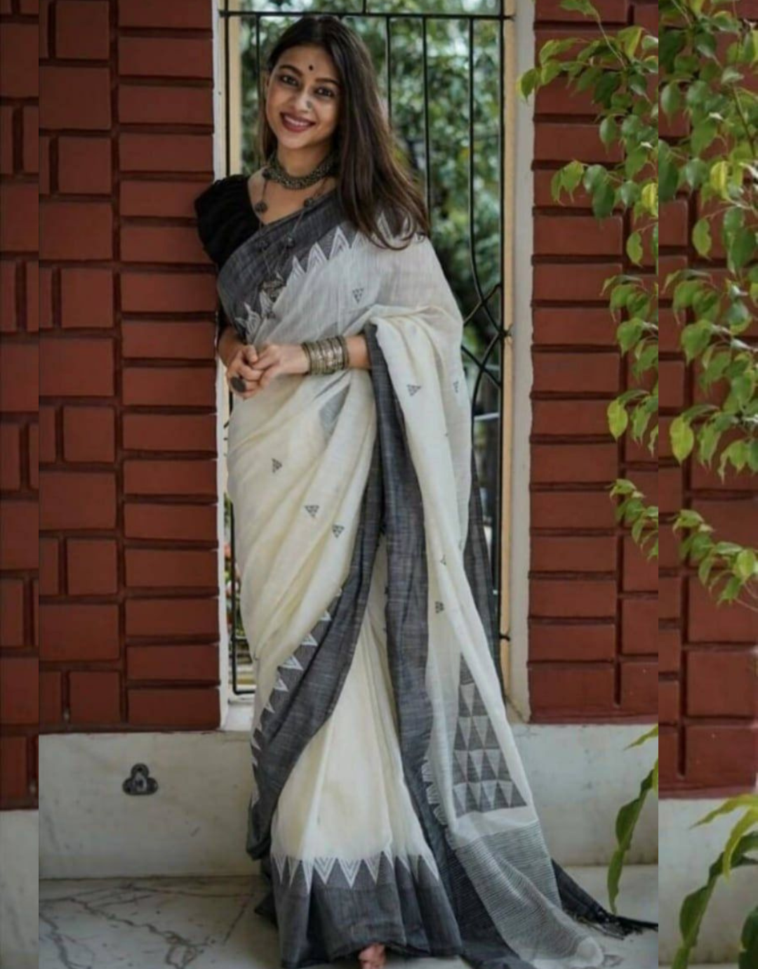 Maitri White-Black Manipuri Cotton Saree