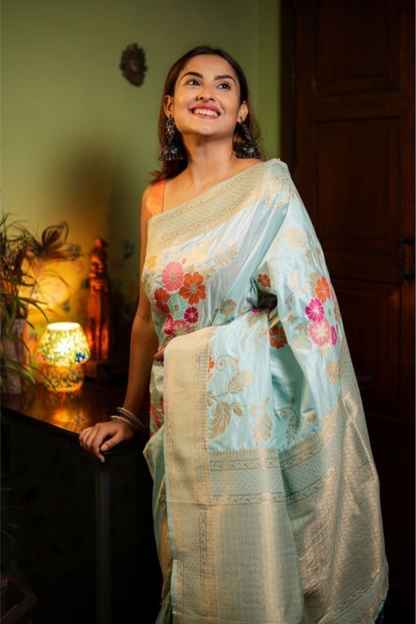 Aqua Allure - Floral Silk Saree