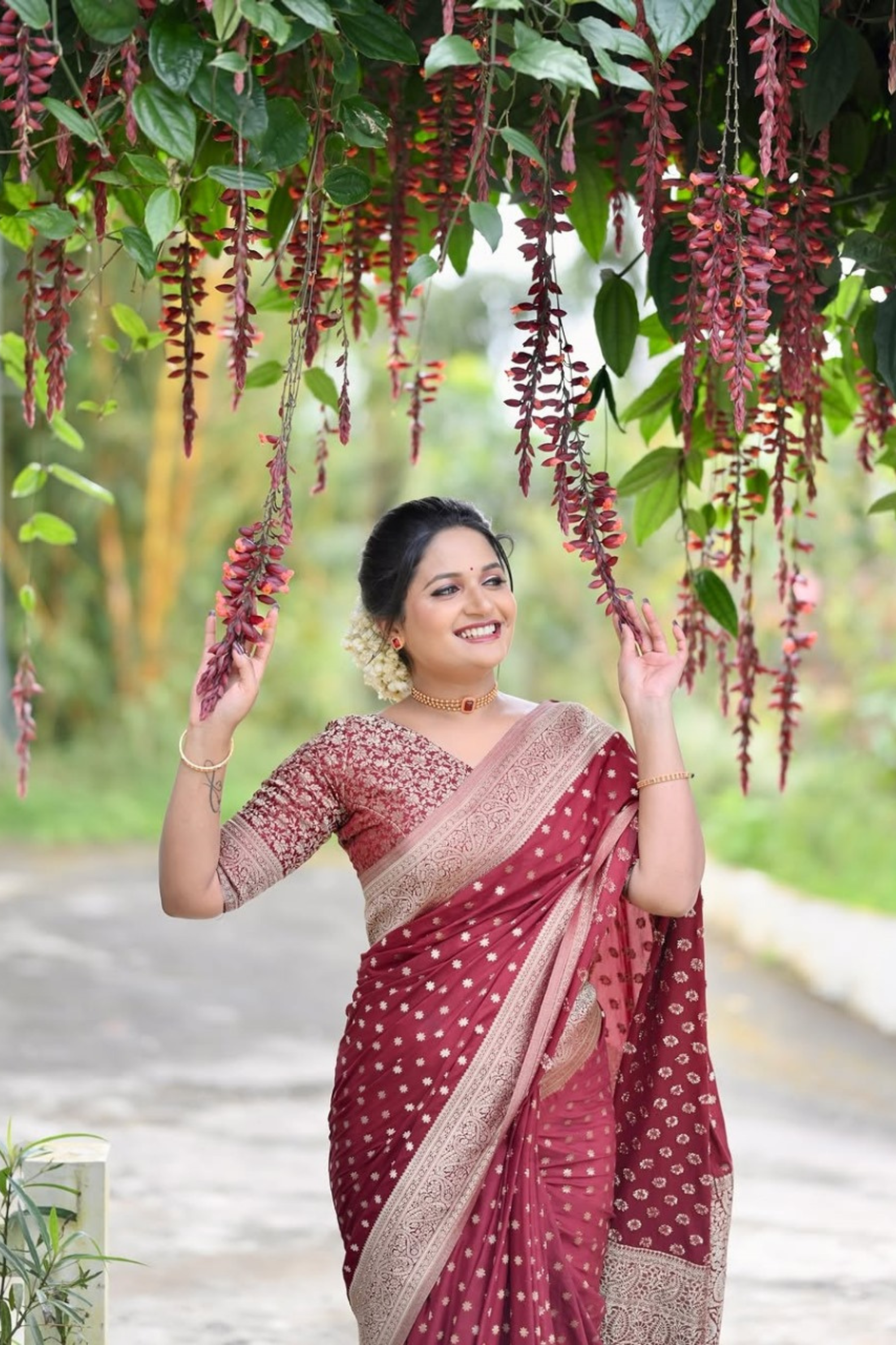 Meadow Breeze - Red Banarasi Soft Silk Saree