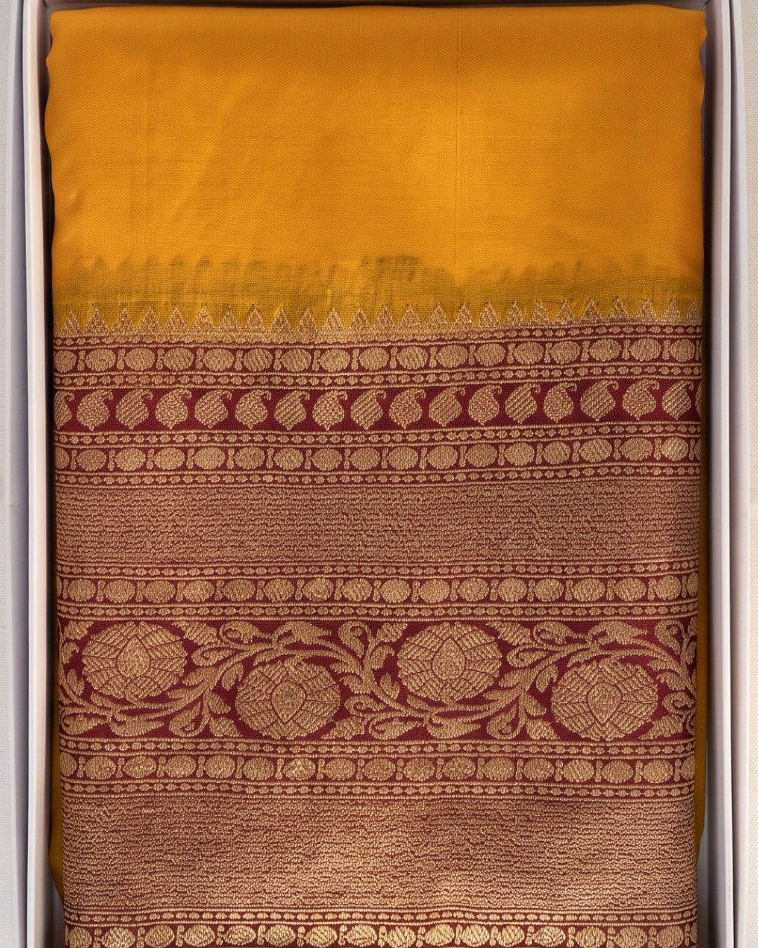 Vamya - Elegant Mustard Banarasi Zari Border Saree