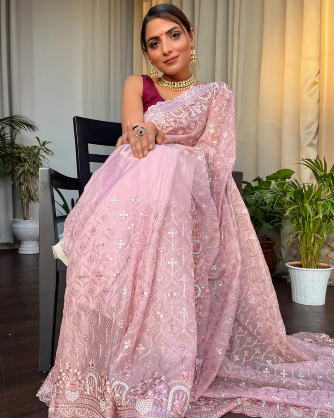 Blush Serenity - Embroidered Net Sare