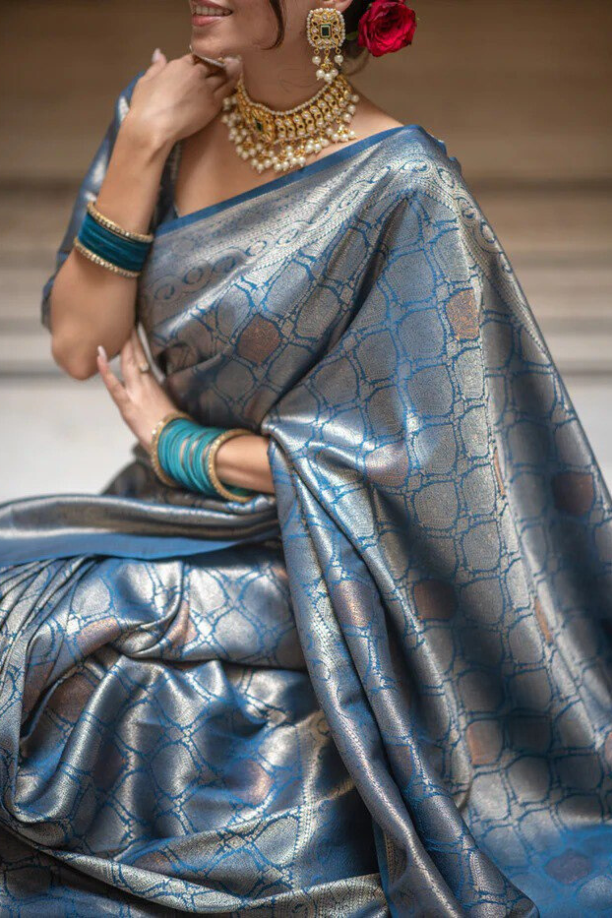 Blush Gleam - Blue - Banarasi Silk Saree