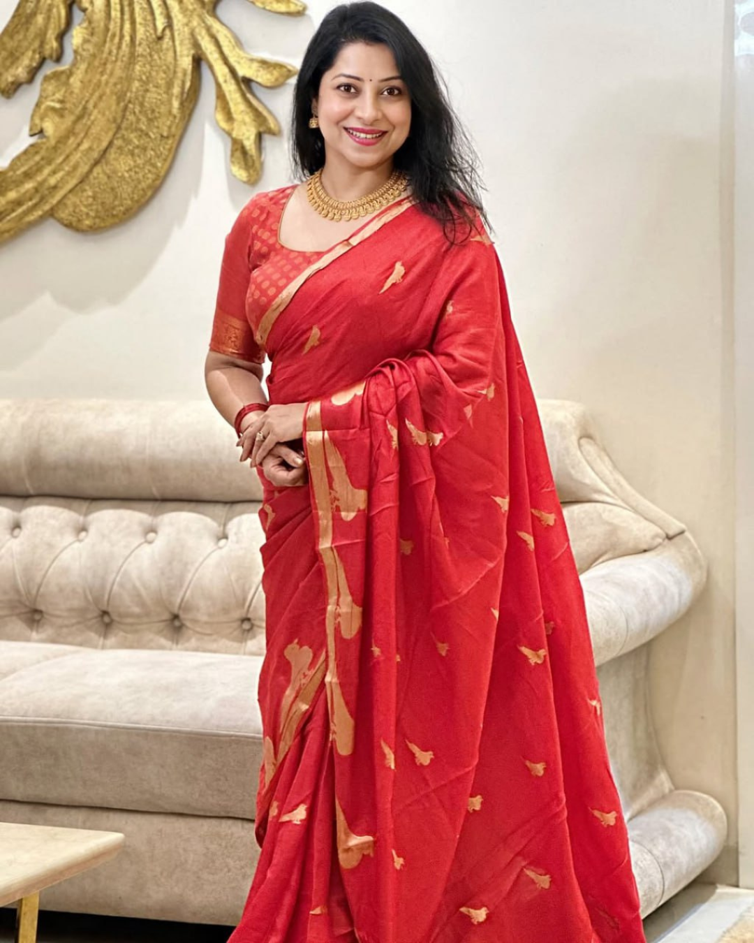 Sharvani - Brick Red Silk Saree with Leaf Motifs