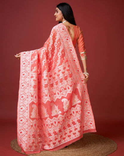 Kenvi Orange Banarasi Silk Saree