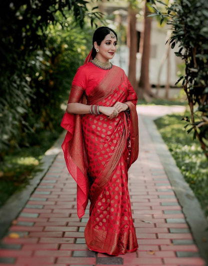 Reema Red Soft Banarasi Silk Saree With Attached Blouse