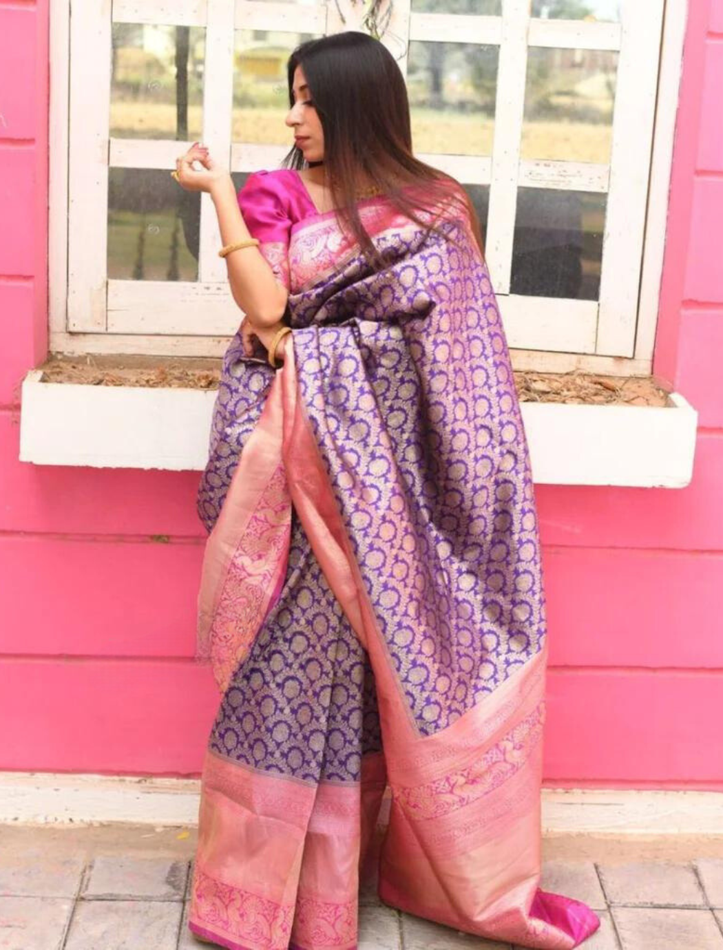 SARTHI BLUE PINK TRADITIONAL SOFT SILK SAREE WITH ATTACHED BLOUSE