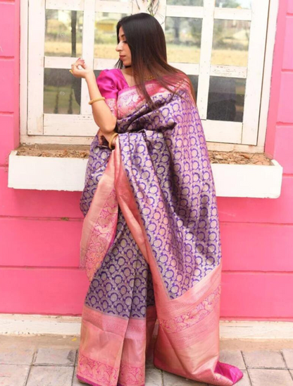 SARTHI BLUE PINK TRADITIONAL SOFT SILK SAREE WITH ATTACHED BLOUSE