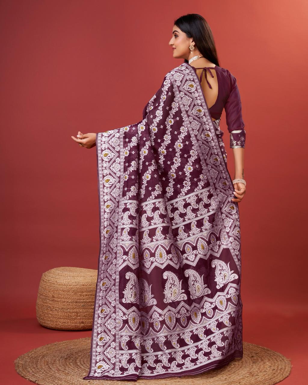 Kenvi Wine Banarasi Silk Saree