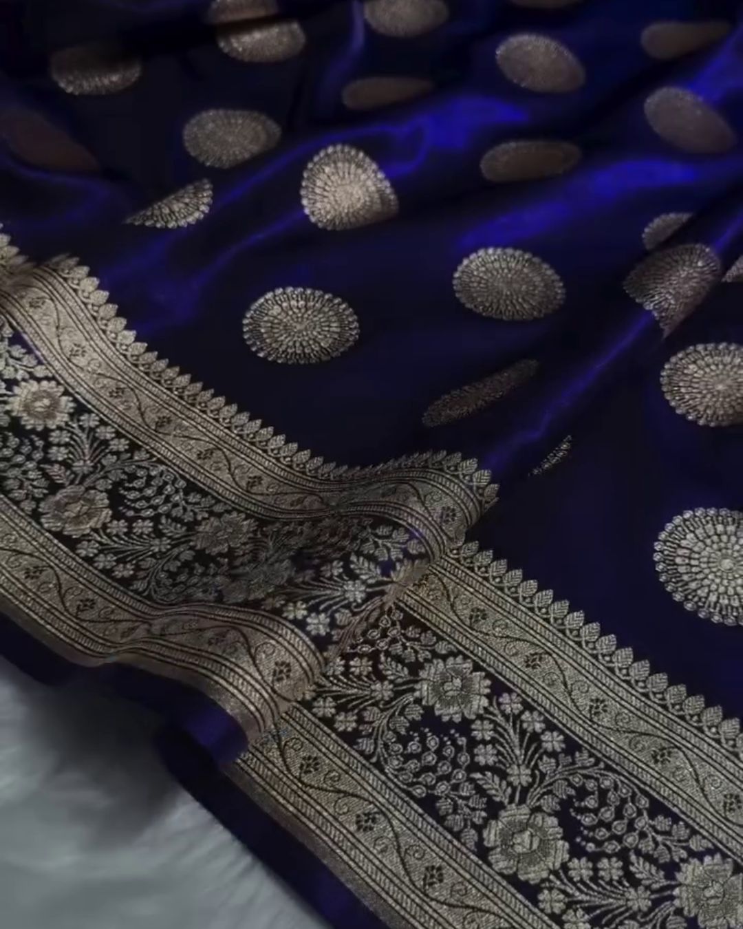 Samika - Blue Banarasi Satin Saree with Zari Butta and Floral Border