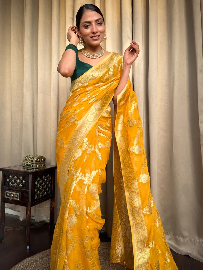 Laita Yellow Banarasi Silk Saree