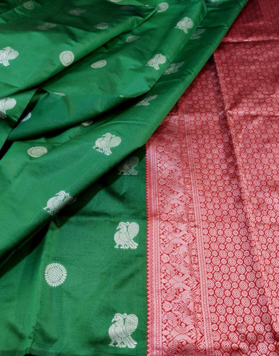 Green-Red Style Traditional Soft Silk Sari With Attached Blouse