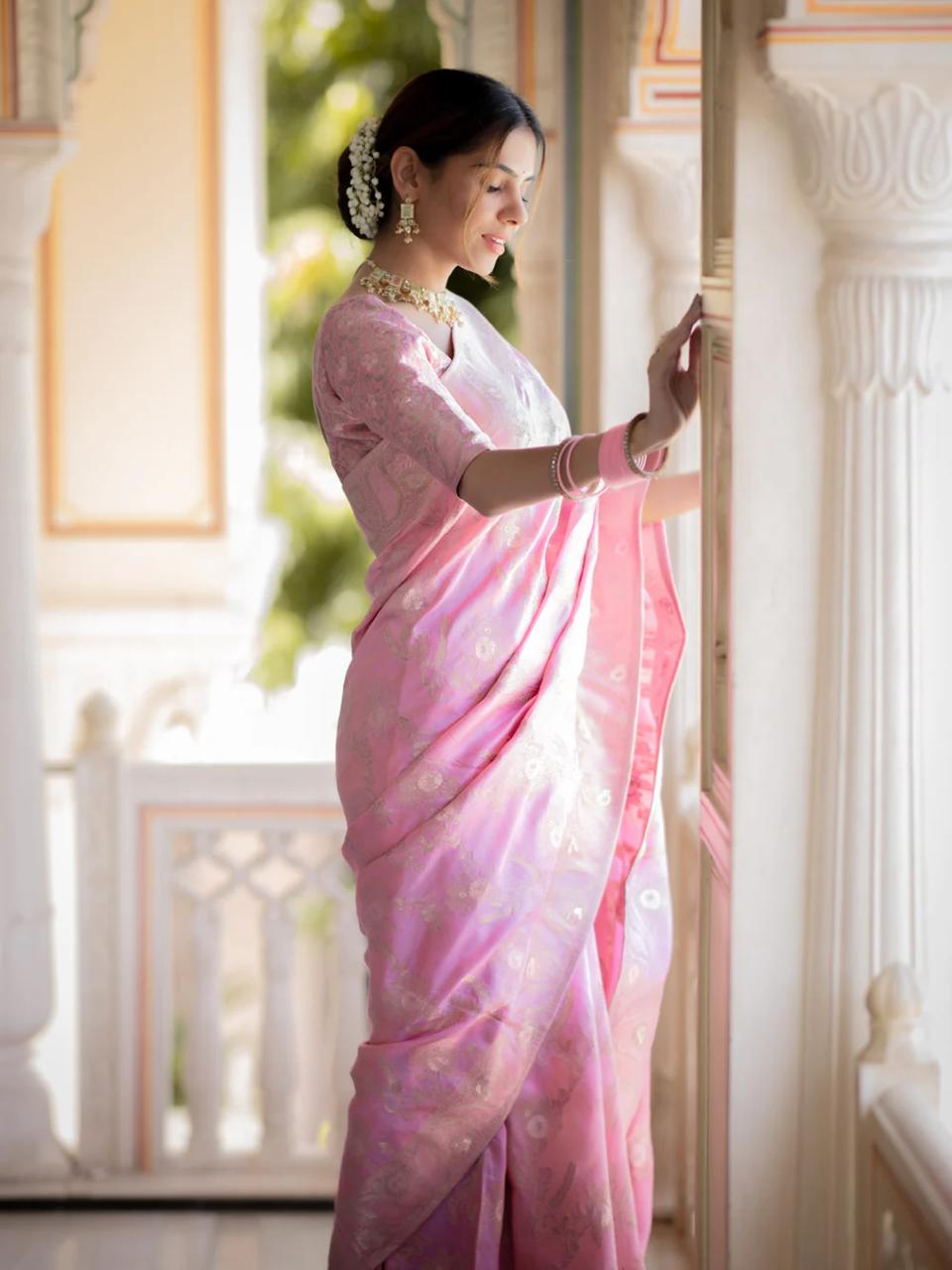 Hema Onion Pink Banarasi Silk Saree