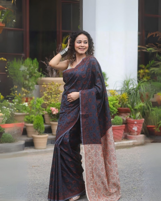 Neharika - Midnight Blue Printed Saree