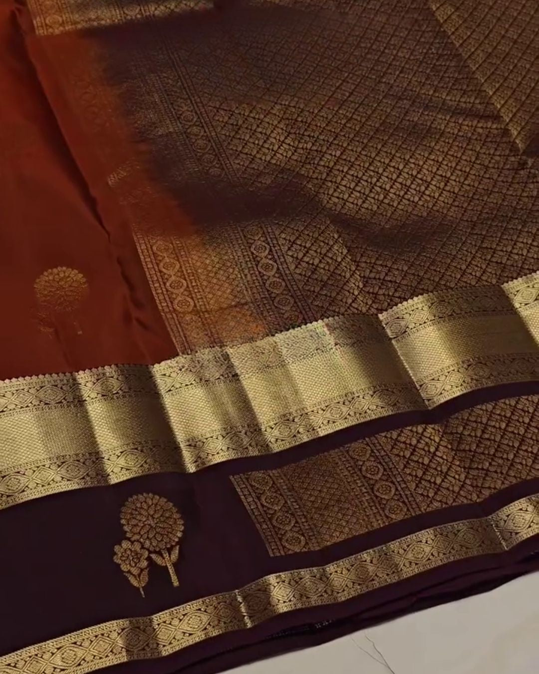 Piyali - Rust Brown Banarasi Silk Saree with Zari Floral Border