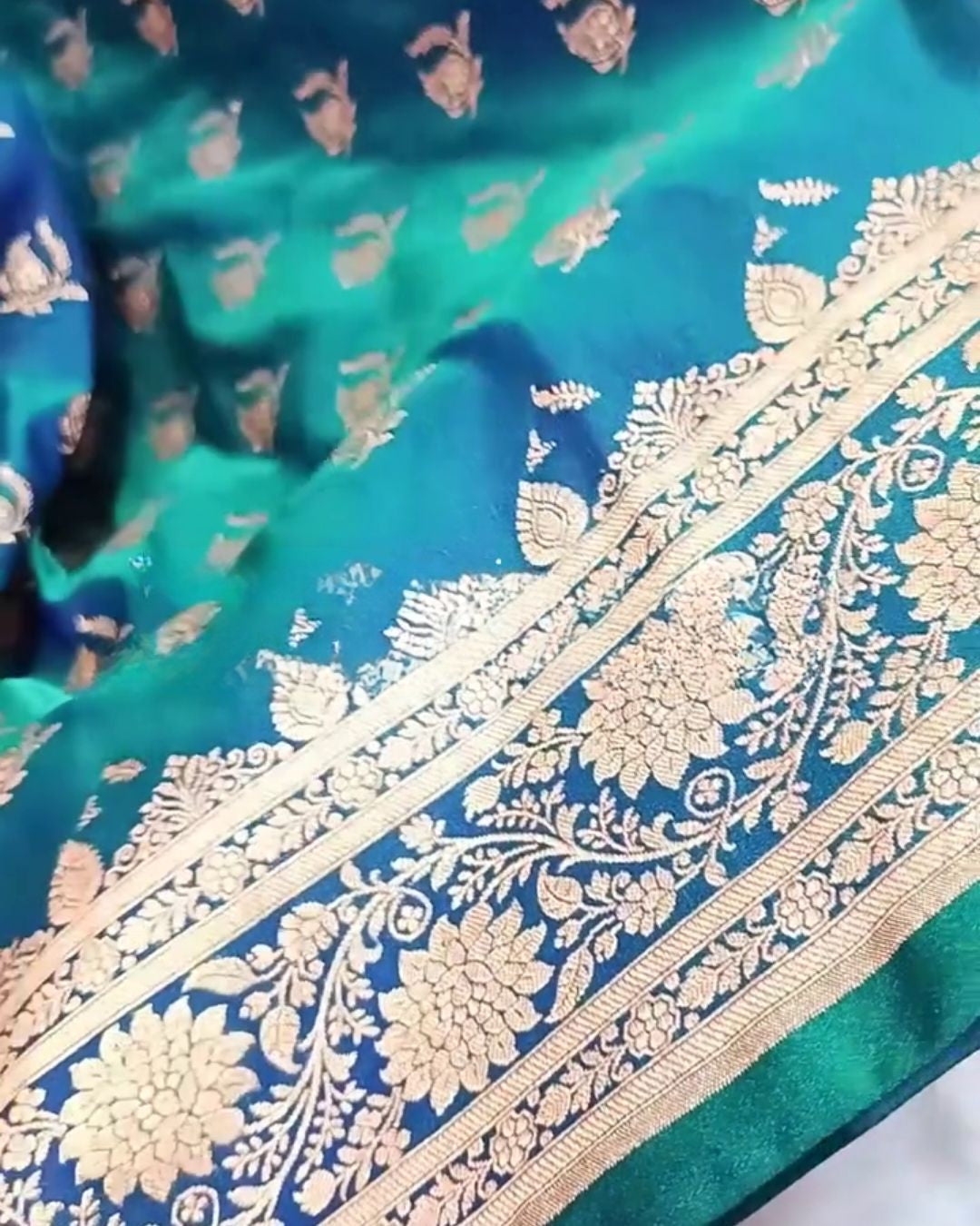 Mrunal - Teal Blue Banarasi Silk Saree with Zari Floral Border