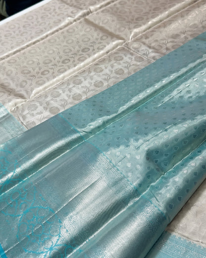 Maithili - Ivory Aqua Floral Weave Saree