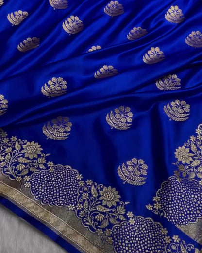 Prerana - Blue Banarasi Satin Saree with Zari Floral Border