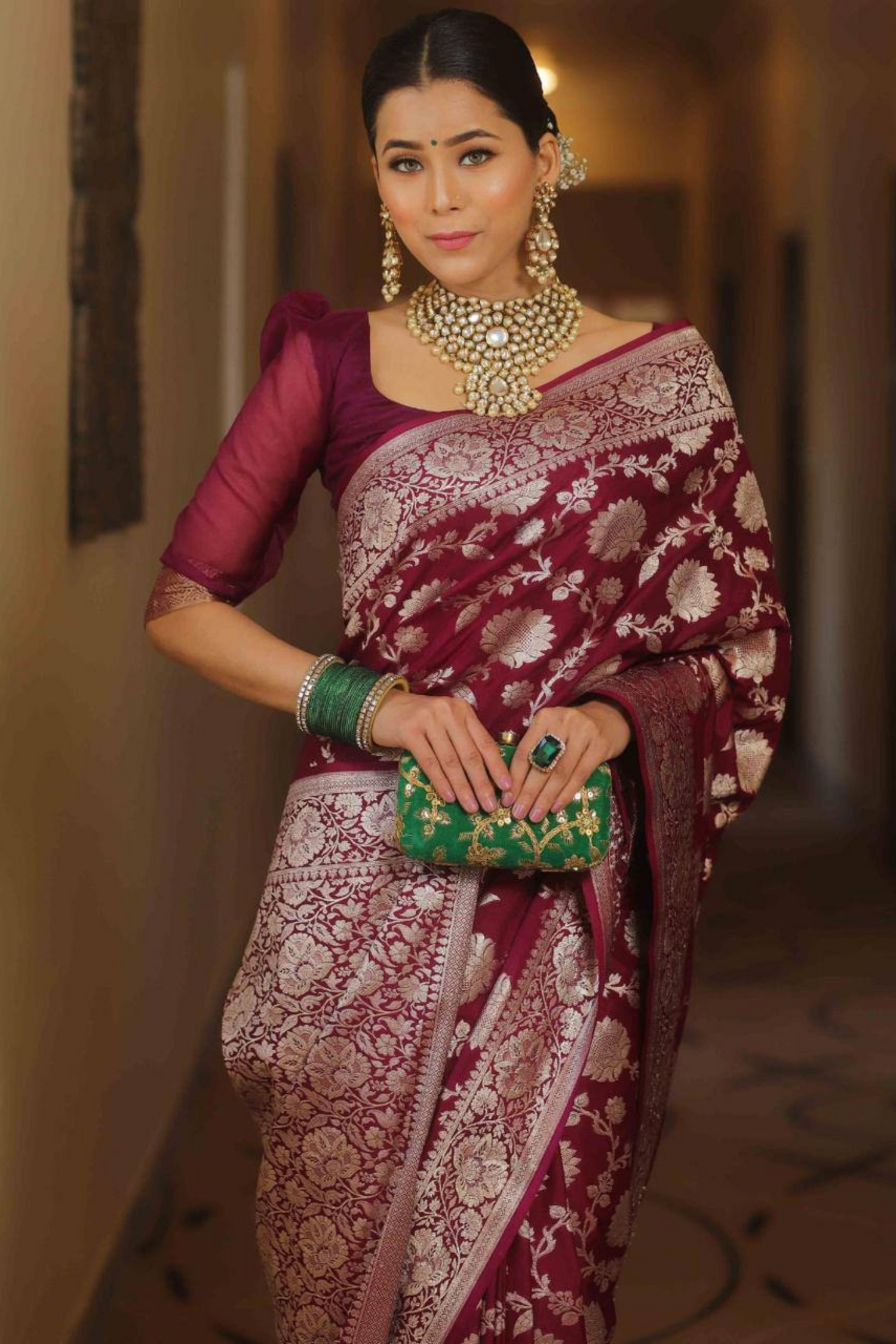 Burnished Sunbeam - Wine Lichi Soft Silk Saree