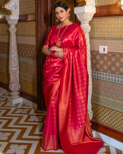 Golden Garnet - Handwoven Banarasi Silk Saree