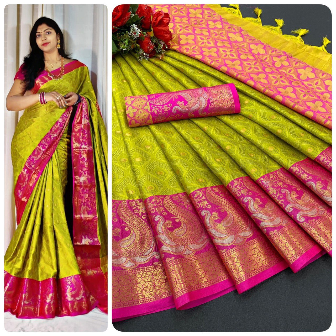 Arvi Lemon Green Cotton Silk Saree