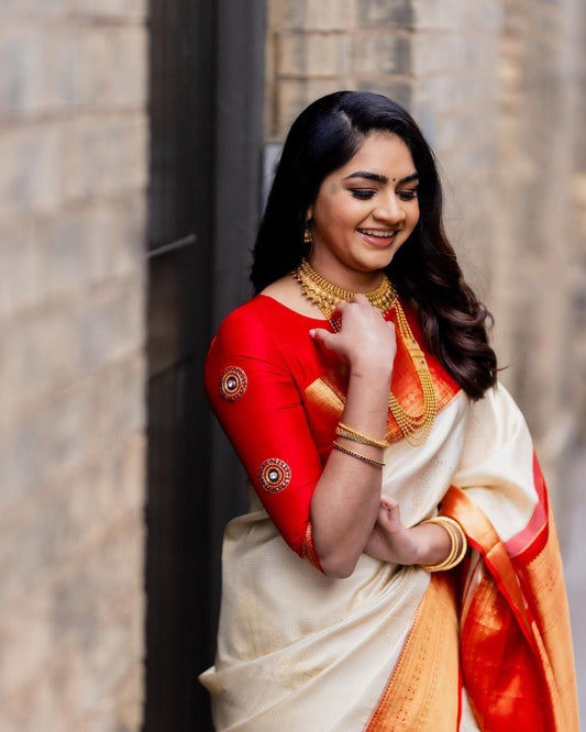 Vaishali White-Red Banarasi Silk Saree