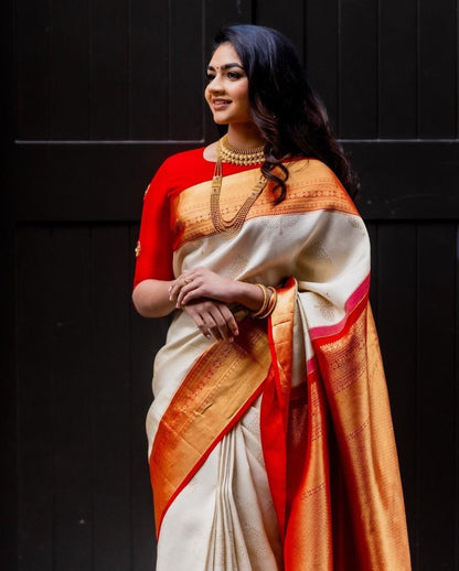 Vaishali White-Red Banarasi Silk Saree