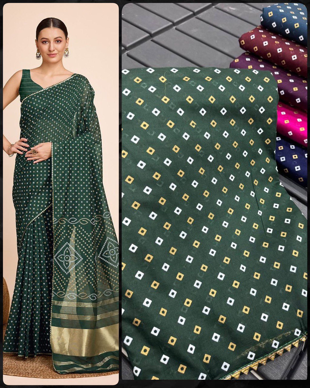 Designer Reeva Green Bandhej Printed Silk Saree