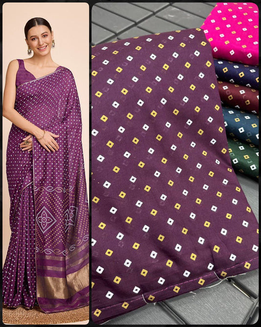 Designer Reeva Wine Bandhej Printed Silk Saree