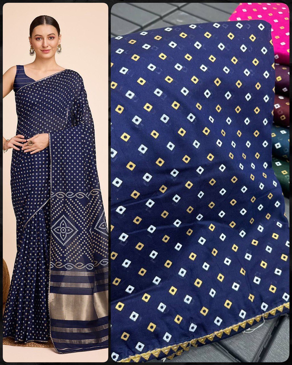 Designer Reeva Blue Bandhej Printed Silk Saree