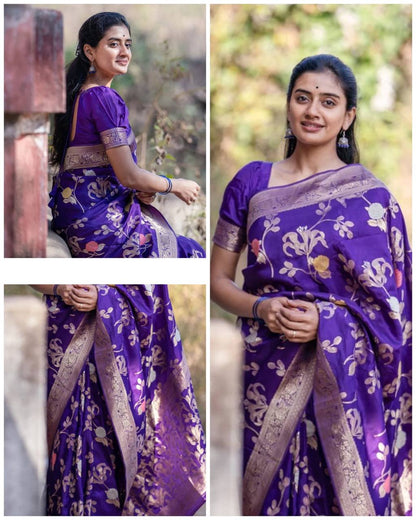 Majestic Violet Blossom Soft Litchi Silk Saree Silk Saree