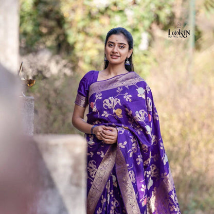 Majestic Violet Blossom Soft Litchi Silk Saree Silk Saree