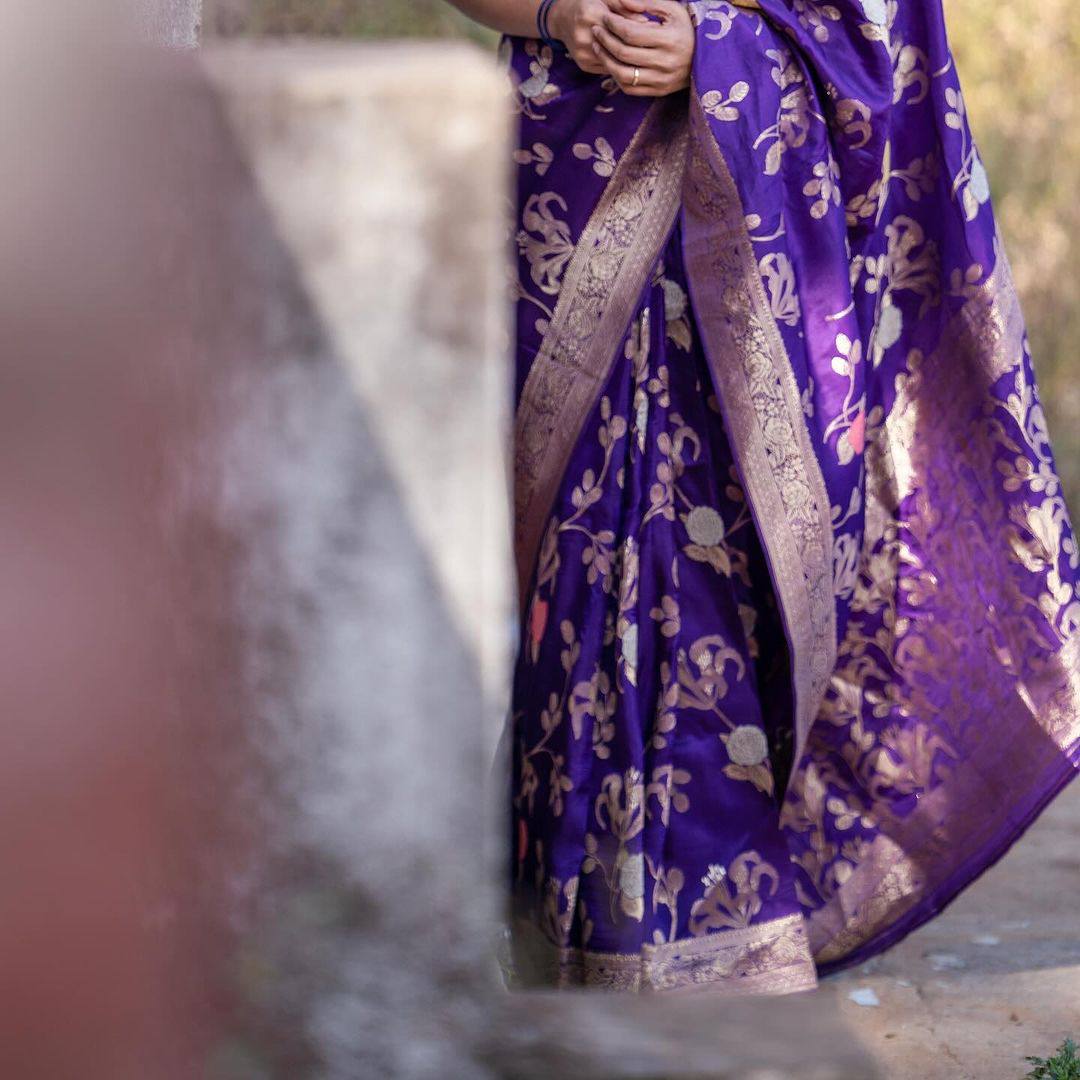 Majestic Violet Blossom Soft Litchi Silk Saree Silk Saree