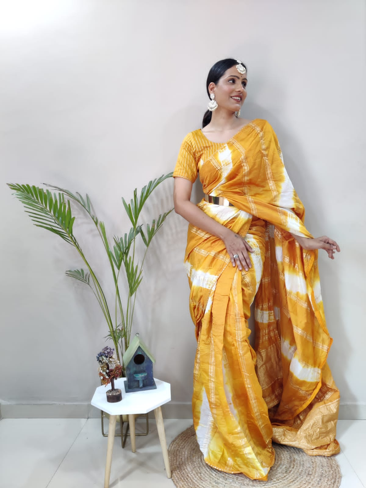 1 MIN Ready To Wear Sibori  Yellow Viscose Saree