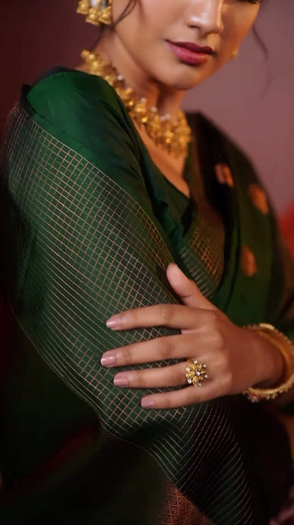 Riya's Enchanted Green Elegance Soft Banarasi Silk Saree WIth Fabulouse Blouse