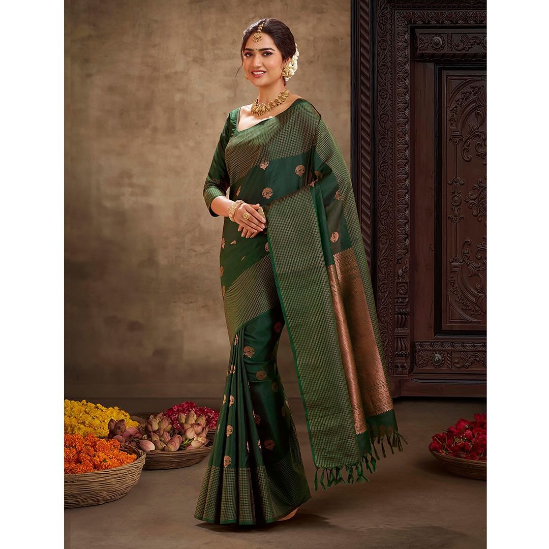 Riya's Enchanted Green Elegance Soft Banarasi Silk Saree WIth Fabulouse Blouse