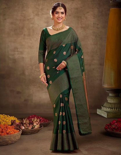 Riya's Enchanted Green Elegance Soft Banarasi Silk Saree WIth Fabulouse Blouse